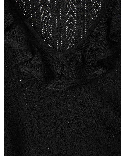 Zimmermann Black Ruffled V-neck Open-knit Top