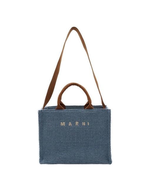 Marni Blue Logo Embroidered Woven Tote Bags