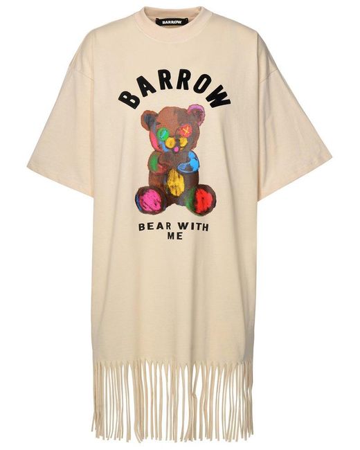 Barrow Natural Logo-flocked Crewneck Fringed T-shirt