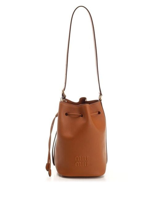 Miu Miu Brown Shoulder Bucket Bag In Cognac Leather