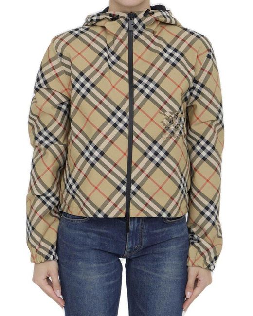 Burberry Gray Cropped Reversible Checked Hooded Jacket