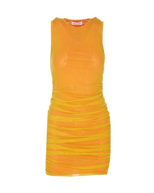 Saint Laurent Orange Ruffled Crewneck Sleeveless Dress