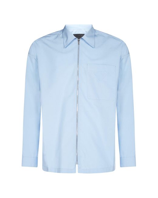 Prada Blue Classic Collar Zip-up Shirt for men