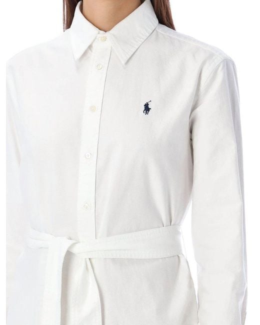 Polo Ralph Lauren White Logo-Embroidered Linen Shirtdress