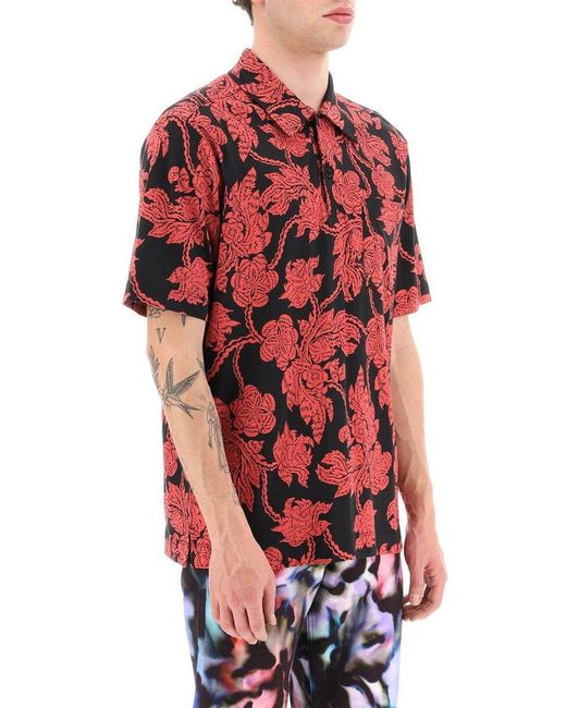 Dries Van Noten Red All-Over Flower Print Polo Shirt for men