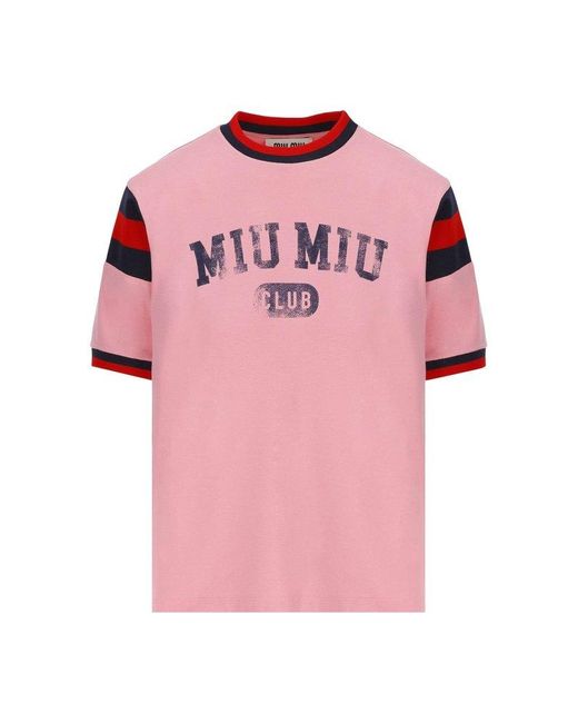 Miu Miu Pink Logo Printed Crewneck T-shirt