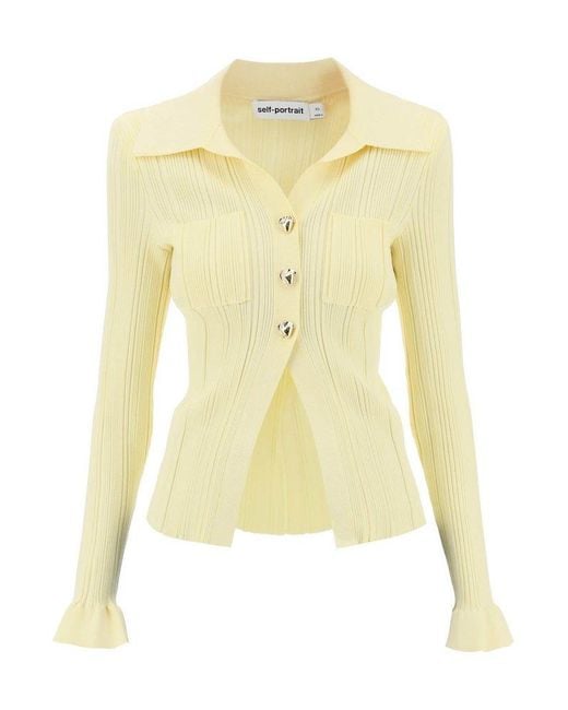 Self-Portrait Yellow Ribbed Knit Top With Long Sleeves