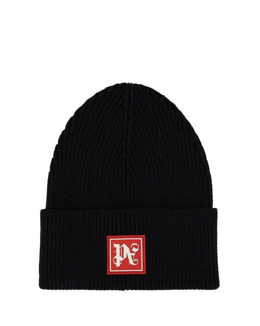 Palm Angels Black Beanie Hat With Logo for men
