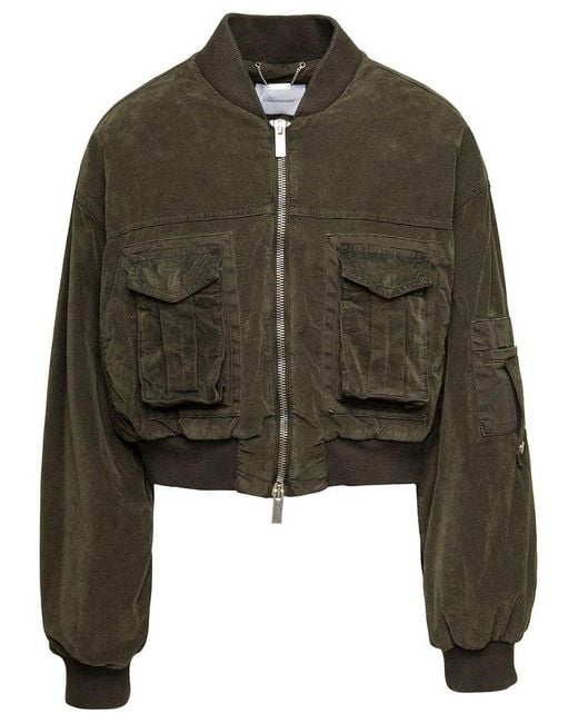 Blumarine Green Cropped Bomber Jacket With Patch Pockets