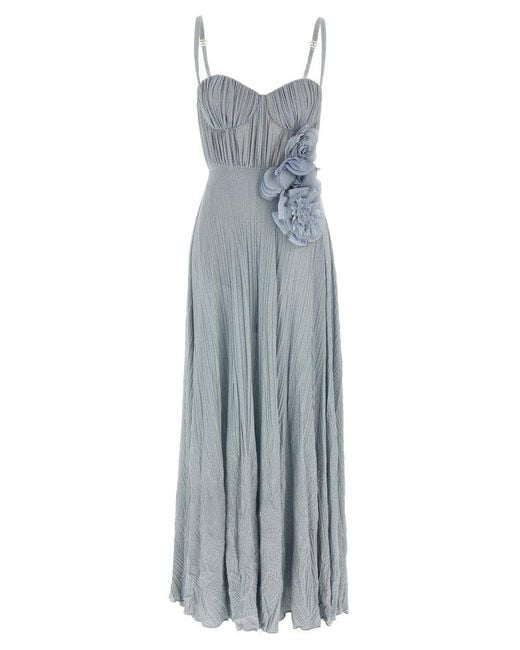 Elisabetta Franchi Gray Embroidered Flower Carpet Dress
