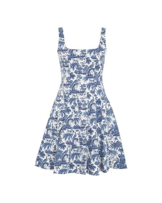 Staud Blue Allover Floral Print Mini Wells Dress