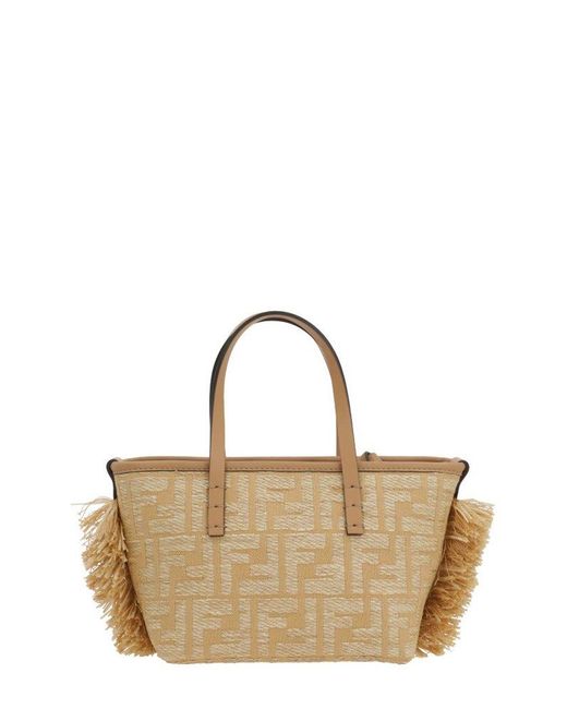 トートバッグ Fendi Roll Mini Tote Bag In Ff Jacquard And Raffia Fendi Mini Roll Ff Jacquard Fringed Tote Bag in Natural