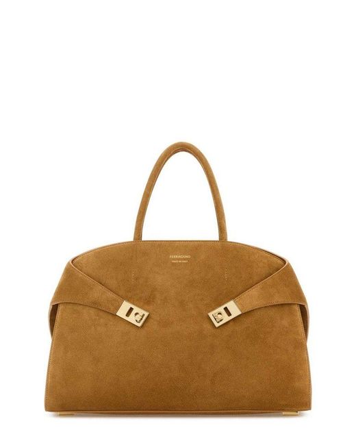 Ferragamo Brown Logo Detailed Large Hug Handbag