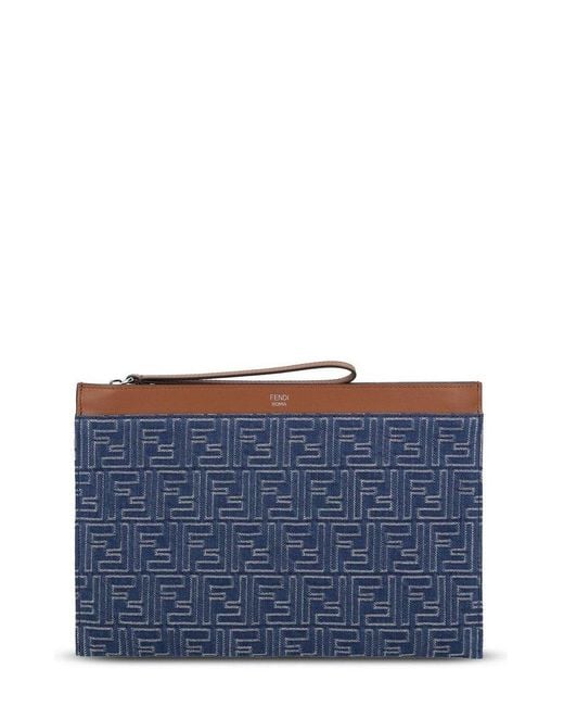 Fendi Blue Ff Medium Flat Pouch for men
