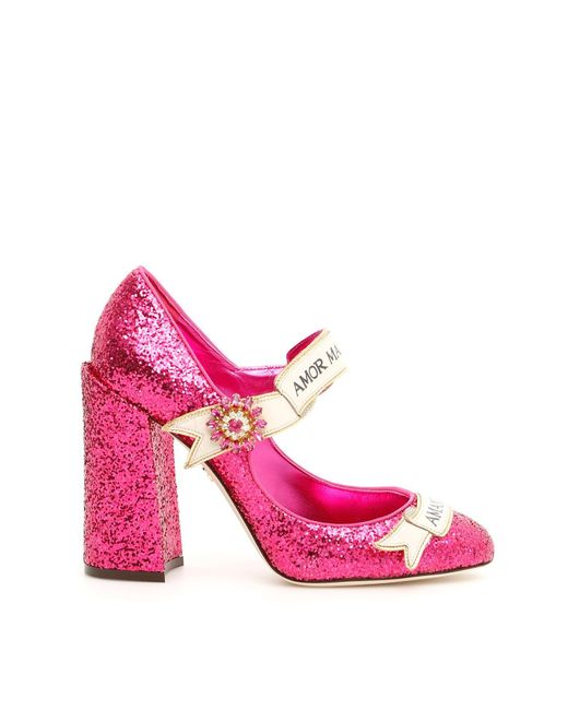 Dolce & Gabbana Pink Slogan Glitter Mary Janes