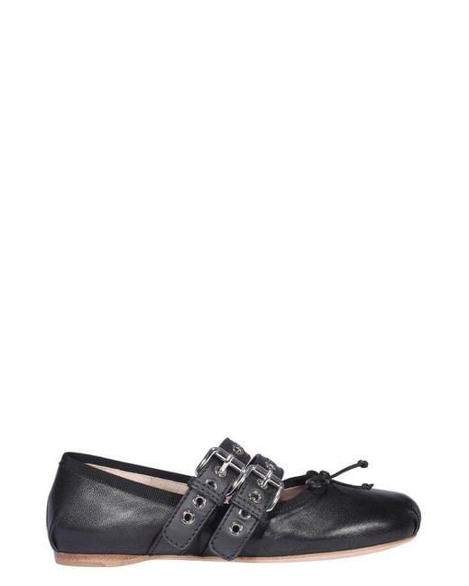 Miu Miu Black Buckle Detailed Ballerina Shoes