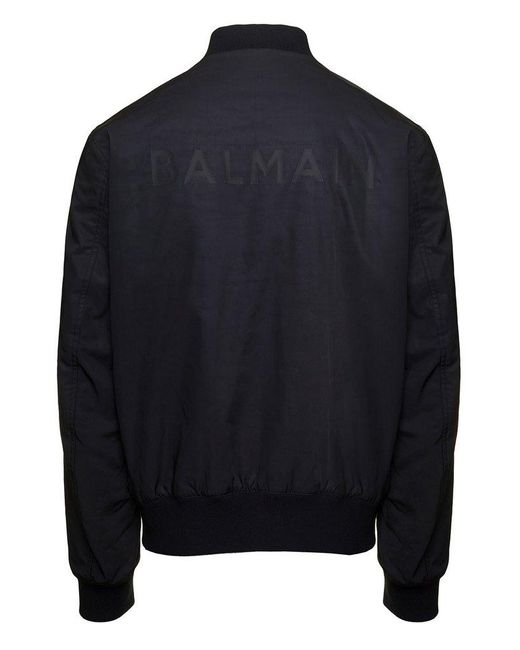 Balmain Blue Logo Patch Zipped Bomber Jacket for men