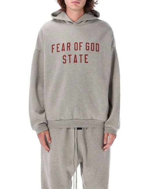 Fear Of God Gray Logo Printed Long Sleeved Hoodie