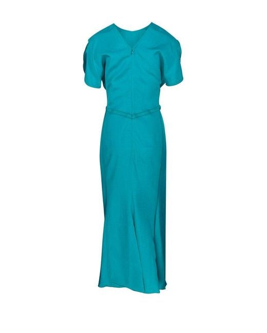 Victoria Beckham Blue Gathered Waist Midi Dress