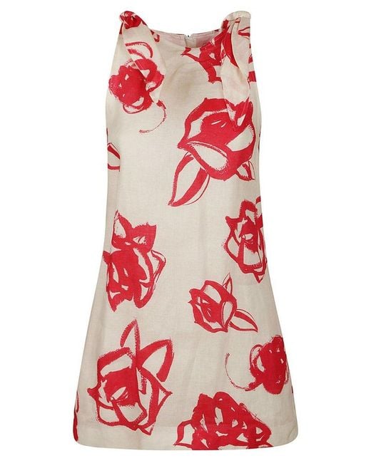 MSGM Red Floral Print Sleeveless Short Dress