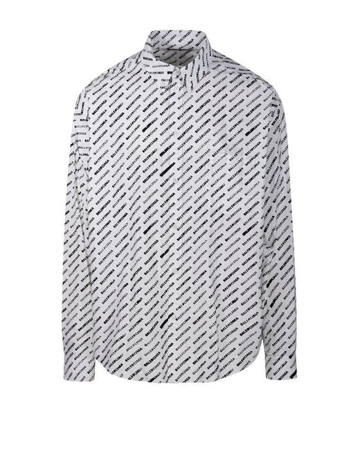 Balenciaga Gray Allover Logo Printed Long-sleeved Shirt for men