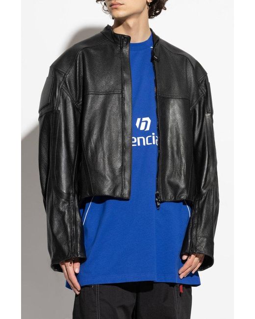 Balenciaga Black Leather Jacket With Stand-Up Collar for men