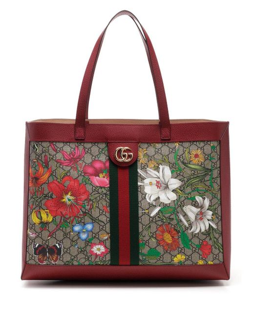 Gucci Red Ophidia Floral And GG Supreme Tote