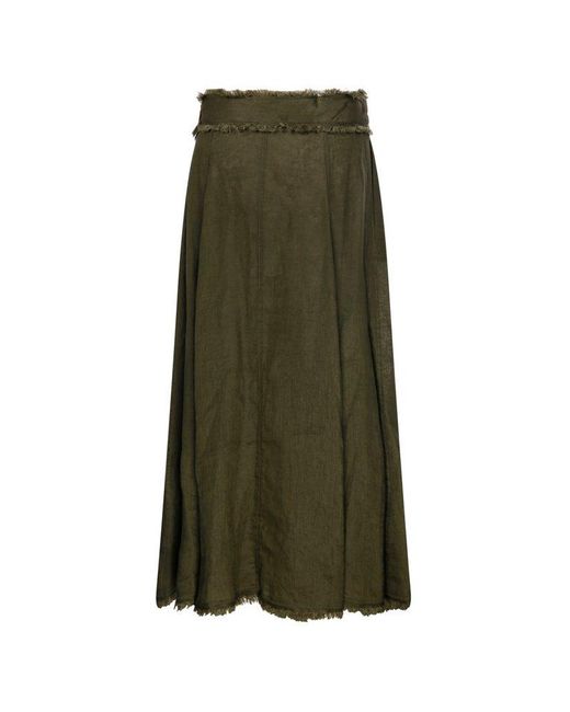 P.A.R.O.S.H. Green Flowing Linen Skirt With Frayed Hem