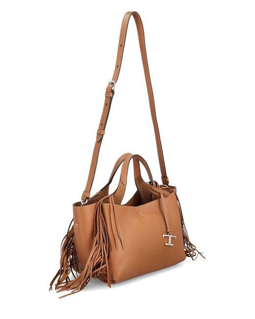 Tod's Brown Fringe Detailed T Logo Plaque Tote Bag