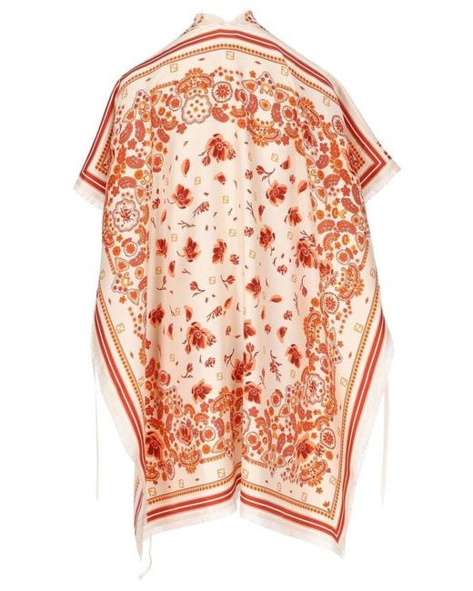 Fendi Orange Bandana Printed Fringed Edge Poncho
