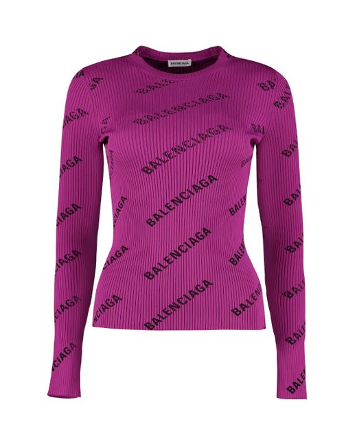 Balenciaga Synthetic Allover Logo Ribbed Long-sleeve Top in Purple - Lyst