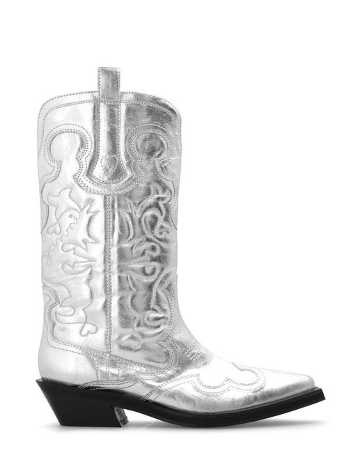 Ganni White Mid Shaft Embroidered Western Boots