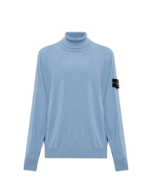 Stone Island Blue Turtleneck Sweater With Logo for men