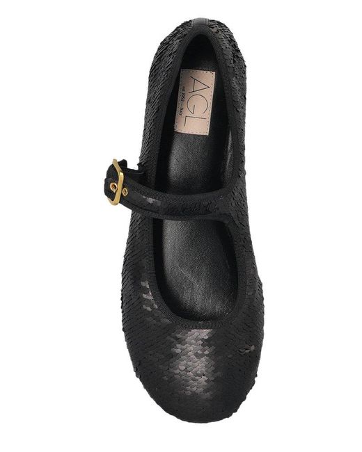 Agl Attilio Giusti Leombruni Black Textured Buckle Strap Flat Shoes