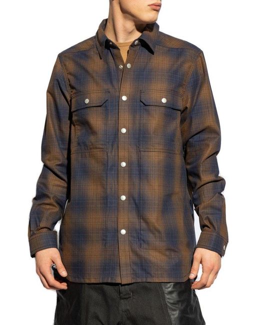 Rick Owens Brown Checked Long-sleeved Overshirt for men
