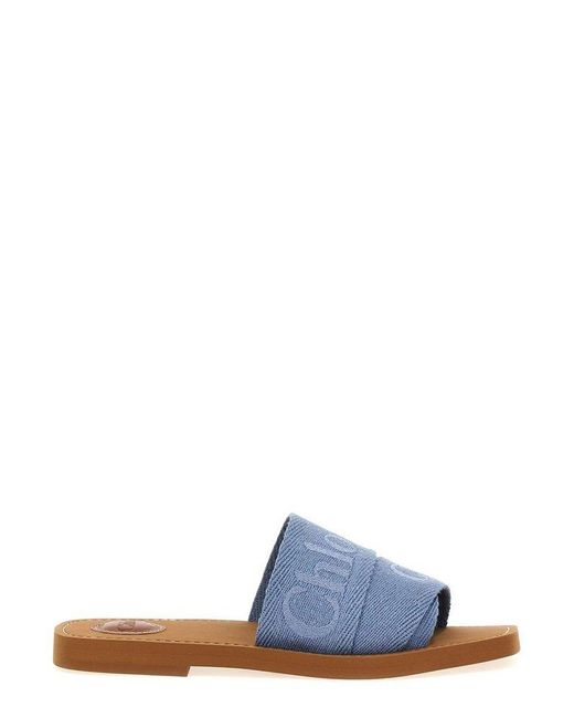 Chloé Blue Woody Logo Embroidered Sandals