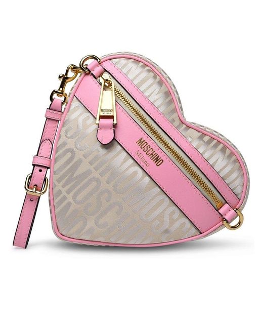 Moschino Pink Logo Jacquard Heart Shaped Clutch Bag