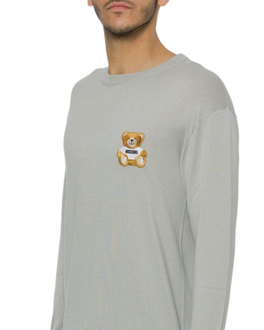 Moschino Gray Teddy Bear Embroidered Knitted Jumper for men