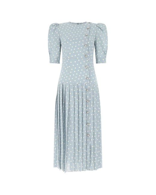 Alessandra Rich Blue Polka Dot Print Pleated Dress