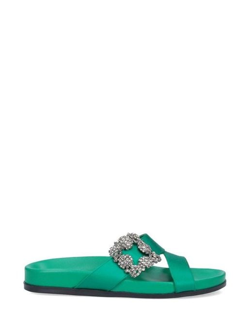 Manolo Blahnik Green Chilanghi Buckle-Embellished Slippers