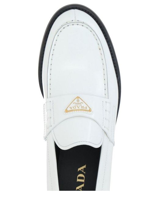 Prada White Triangle-Logo Slip-On Loafers