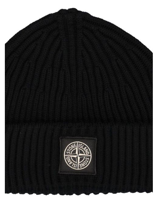 Stone Island Black Compass Patch Ribbed-knitted Beanie for men