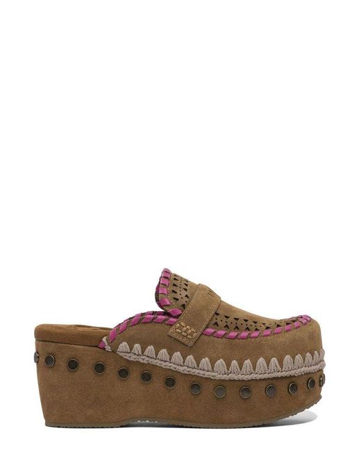 Mou Brown Overstitch Clogs