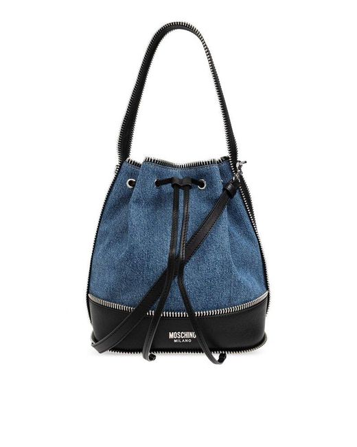 Moschino Blue Zip-Detailed Drawstring Denim Bucket Bag