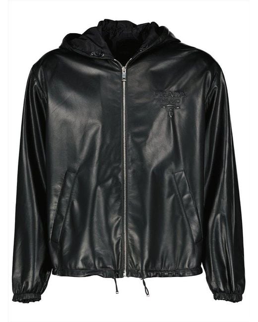 Prada Black Zip-up Hooded Leather Jacket