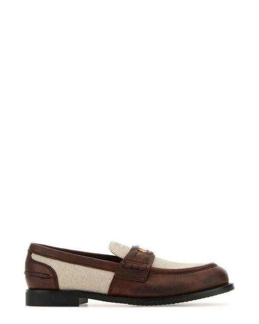 Miu Miu Brown Penny-appliqué Panelled Slip-on Loafers