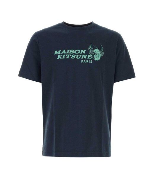Maison Kitsuné Logo Printed Crewneck Tshirt in Blue for Men Lyst UK