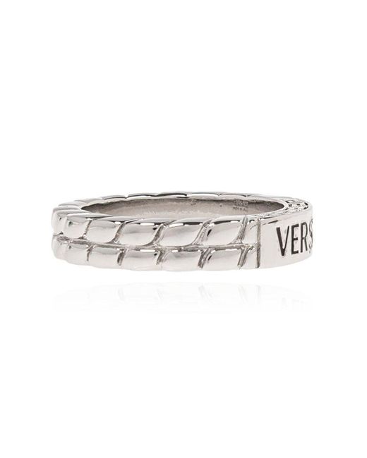 Versace White Brass Ring With Logo for men