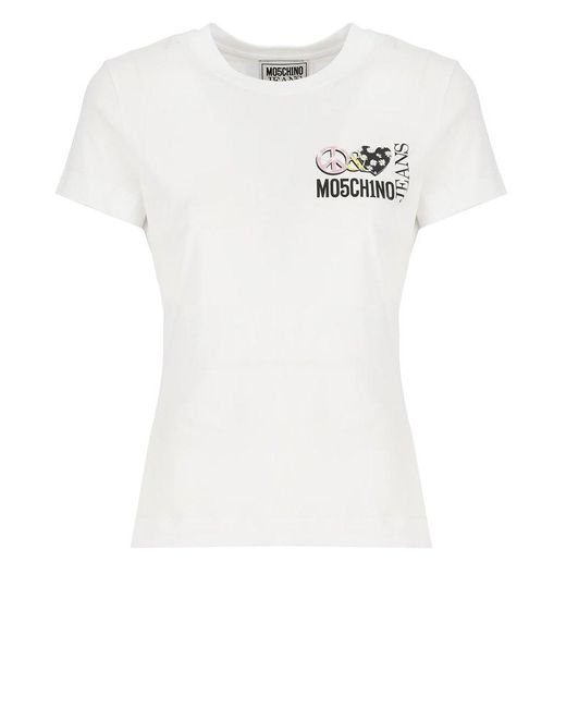 Moschino White Jeans Logo-printed Crewneck T-shirt