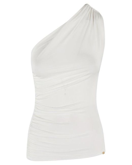 Elisabetta Franchi White One-Shoulder Draped Top With Textured Finish